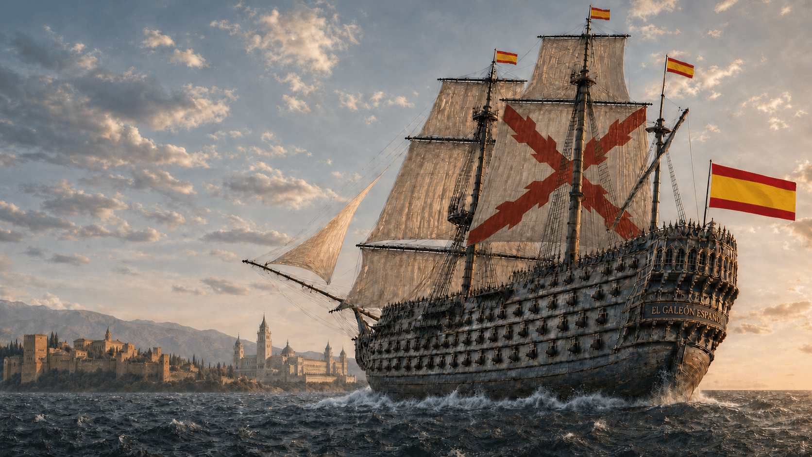 Galeón español del siglo XVI con la Cruz de Borgoña al amanecer