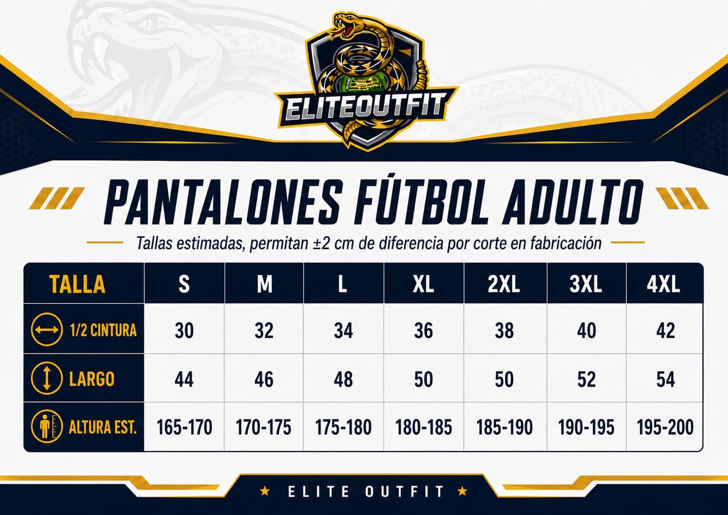 Tabla de tallas de pantalones de fútbol para adulto
