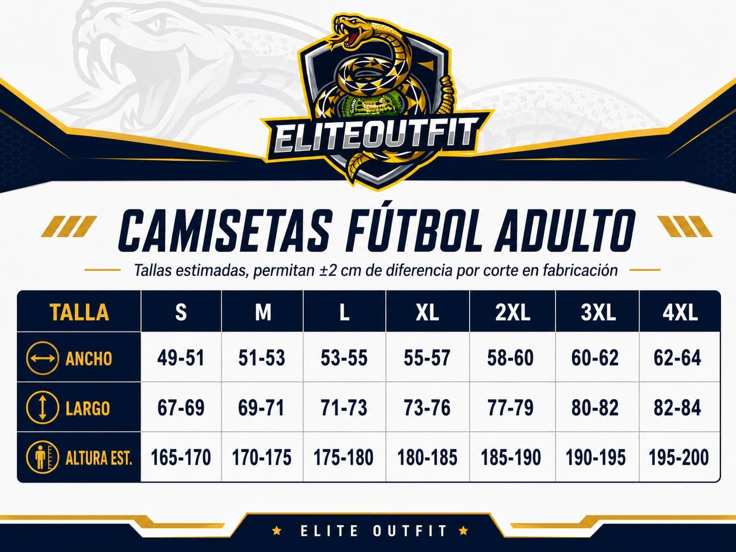 Tabla de tallas de camisetas de fútbol para hombre adulto