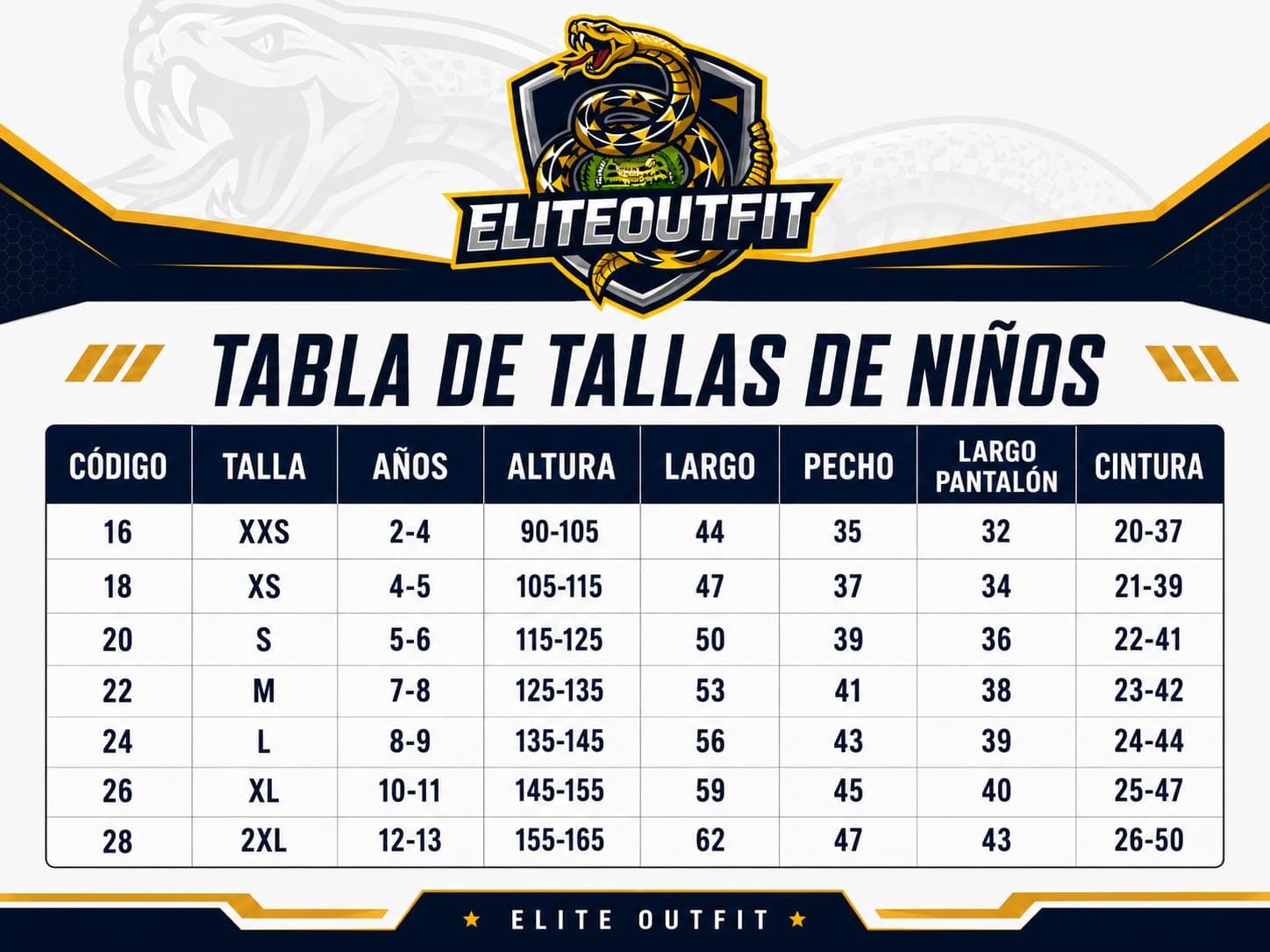 Tabla de tallas de camisetas de fútbol infantiles