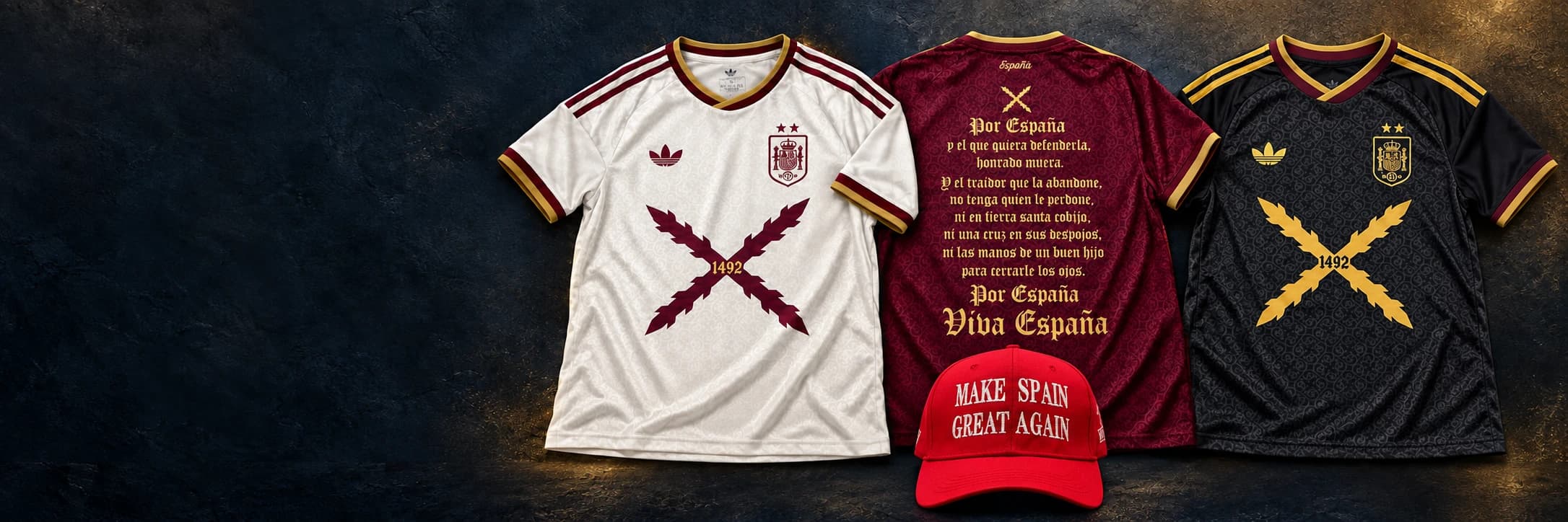 Colección Capitán Hispanix: camisetas blanca y negra de frente, granate de espalda y gorra roja con Make Spain Great Again